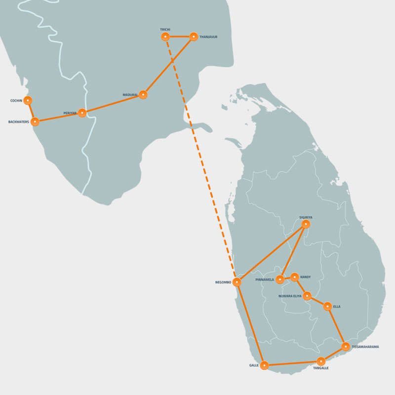 De route van je rondreis door zuid-India en Sri Lanka<br>